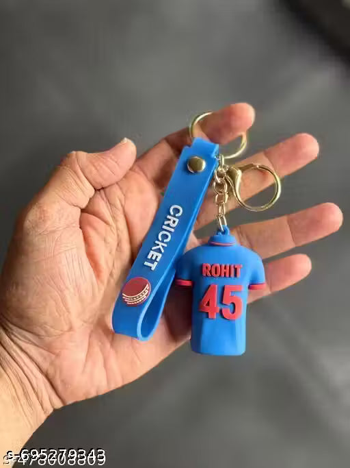Rohit Sharma Jersey Keychain – Team India Captain Blue Cricket Key Ring | Silicone Mini Jersey Bag Charm & Gift Accessory.